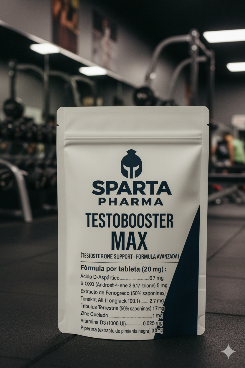 Empaque de Testobooster de Sparta Pharma en ambiente de gimnasio